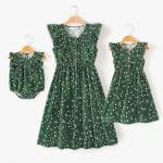 Robe Coordonnée Pour Mère Et Enfant En Vert Kaki À Motif À Pois
