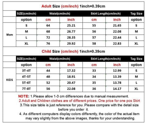 guide des tailles - mere fille vetement