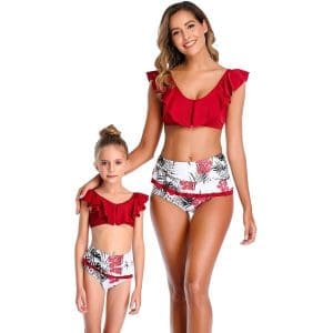 Maillot De Bain Mere Fille 2 Pieces à Volants Rouge