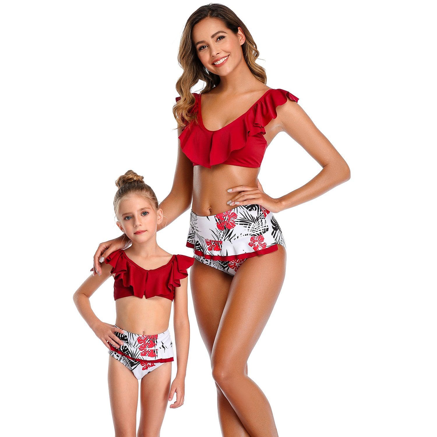 Maillot De Bain Mere Fille 2 Pieces à Volants Rouge – Image 2