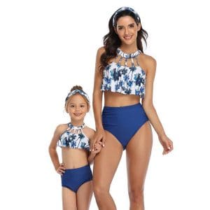 Maillot De Bain Mere Fille 2 Pieces Blanc et Bleu