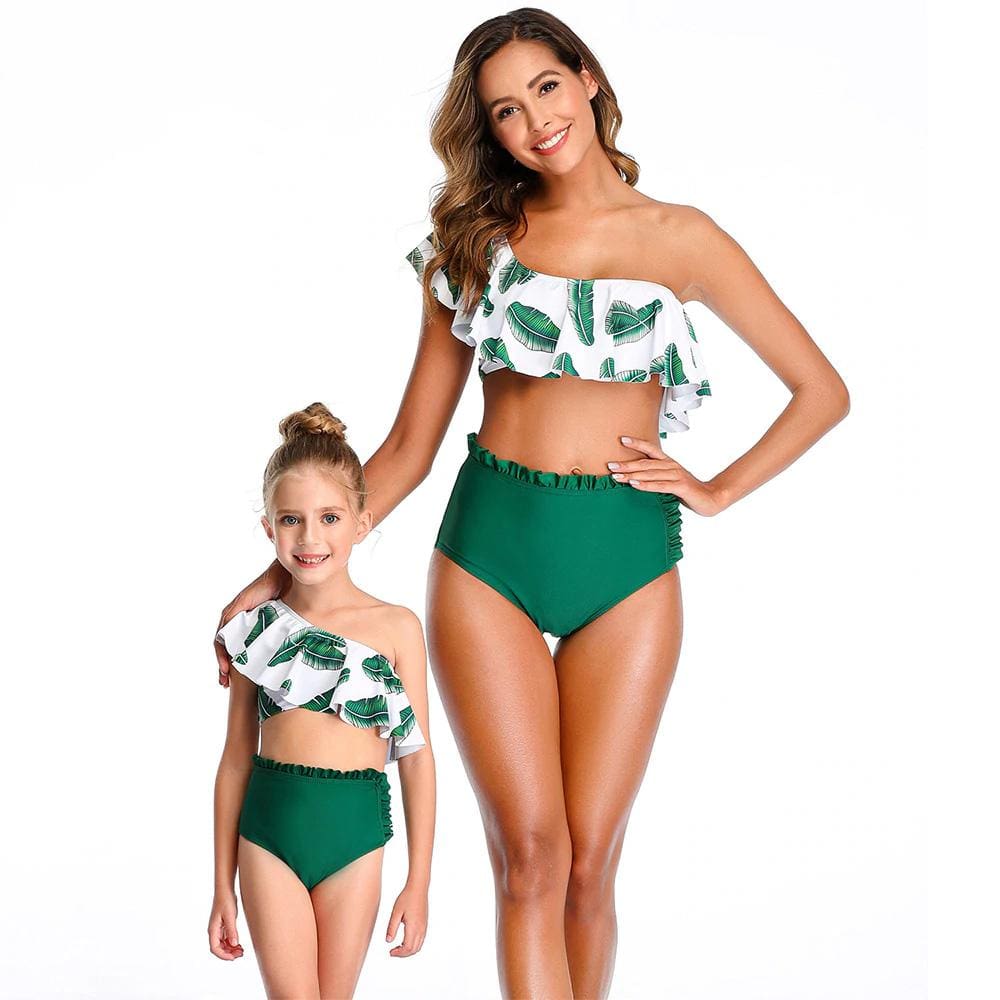 Maillot De Bain Mere Fille 2 Pieces Blanc Et Vert