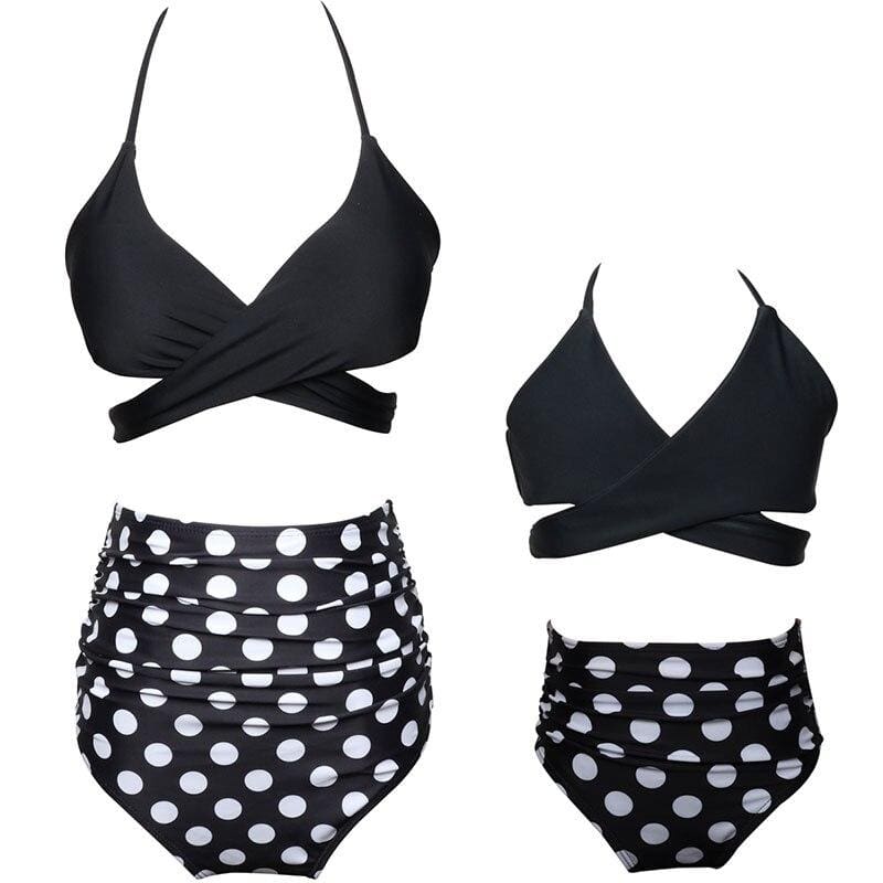 Maillot De Bain Mere Fille 2 Pieces Noir à Pois Blancs – Image 3