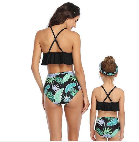 Maillot De Bain Mere Fille 2 Pieces Noir à Volant Tropical – Image 3