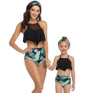 Maillot De Bain Mere Fille 2 Pieces Noir à Volant Tropical
