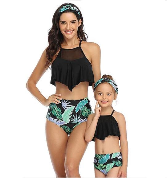 Maillot De Bain Mere Fille 2 Pieces Noir à Volant Tropical – Image 2