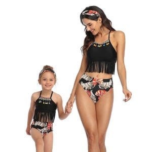 Maillot De Bain Mere Fille 2 Pieces Noir et Franges