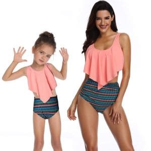Maillot De Bain Mere Fille 2 Pieces Rose à Volant