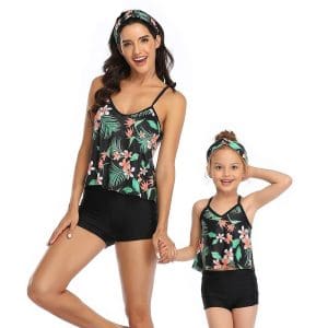 Maillot De Bain Mere Fille 2 Pieces Shorty Noir Tropical