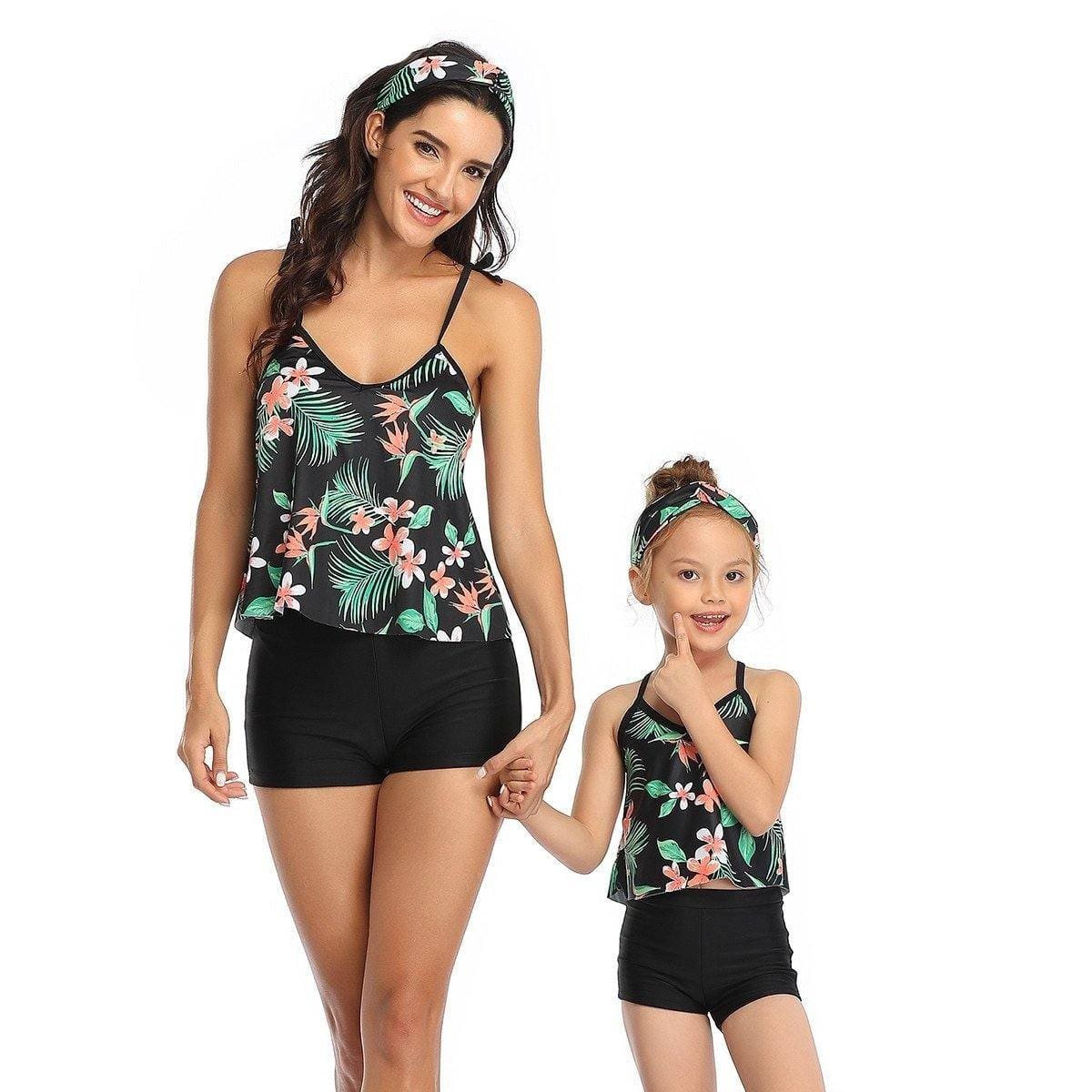 Maillot De Bain Mere Fille 2 Pieces Shorty Noir Tropical – Image 2