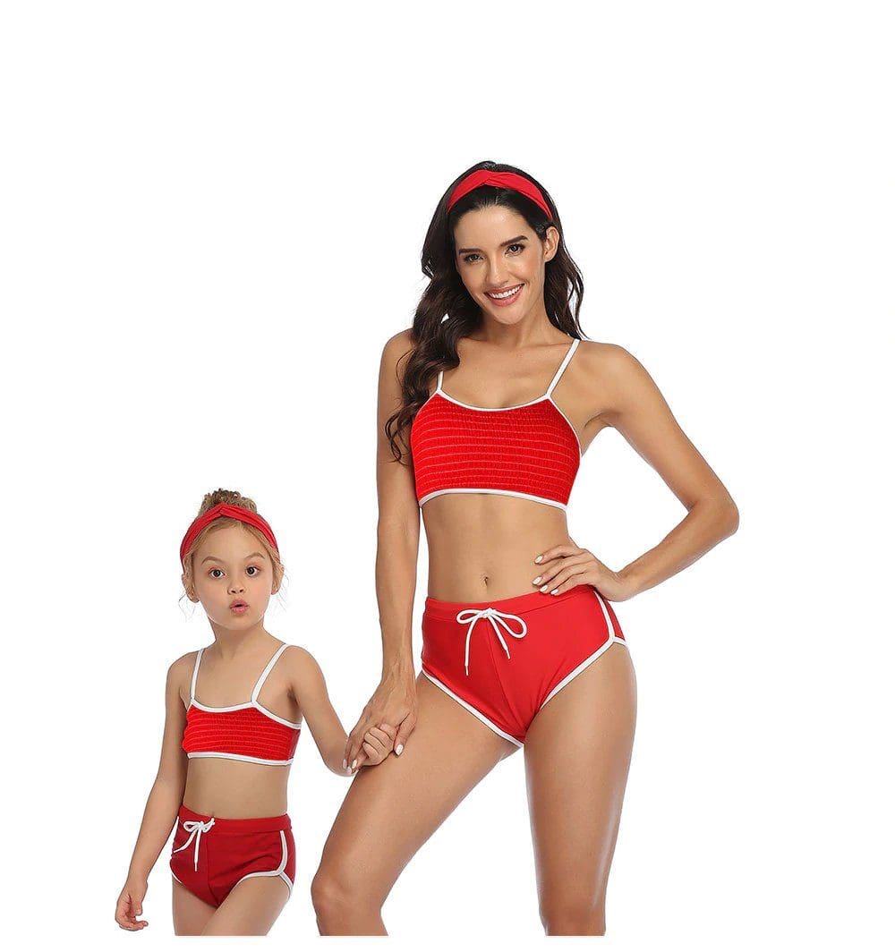 Maillot De Bain Mere Fille 2 Pieces Shorty Rouge – Image 2