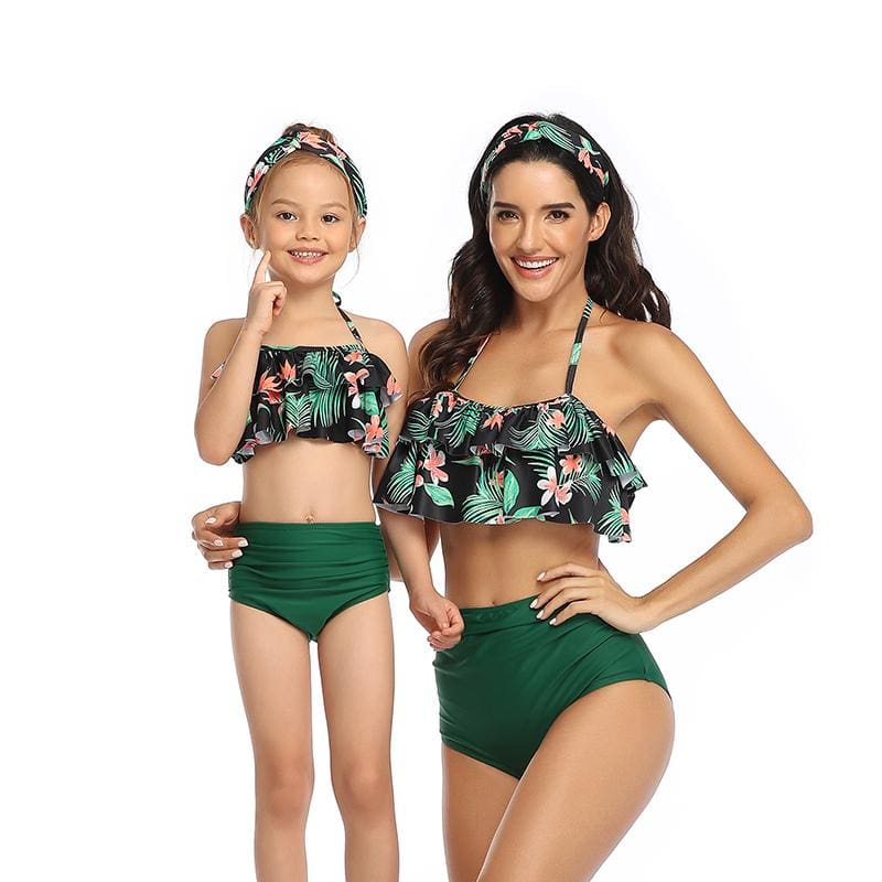 Maillot De Bain Mere Fille 2 Pieces Tropical et Vert