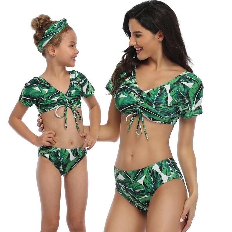 Maillot De Bain Mere Fille 2 Pieces Vert Feuillage