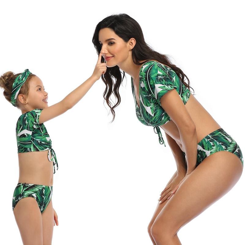 Maillot De Bain Mere Fille 2 Pieces Vert Feuillage – Image 2
