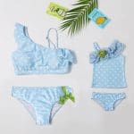 Maillot De Bain Mere Fille Bleu Clair à Pois Blanc