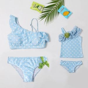 Maillot De Bain Mere Fille Bleu Clair à Pois Blanc