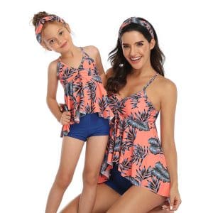 Maillot De Bain Mere Fille Corail Et Bleu