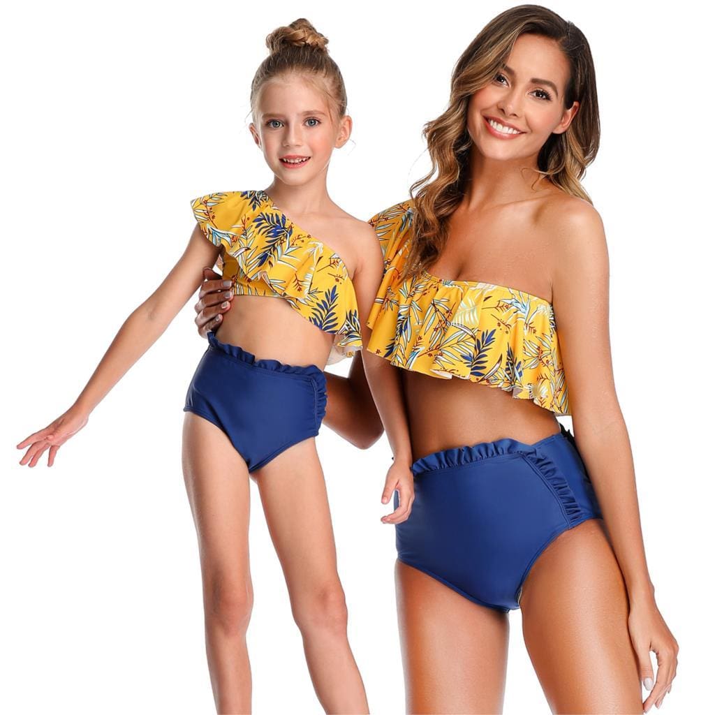 Maillot De Bain Mere Fille Jaune et Bleu