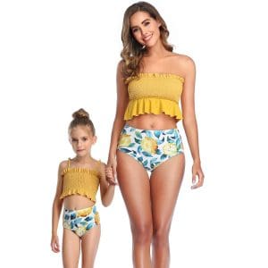 Maillot De Bain Mere Fille Jaune Et Motif Fleuri