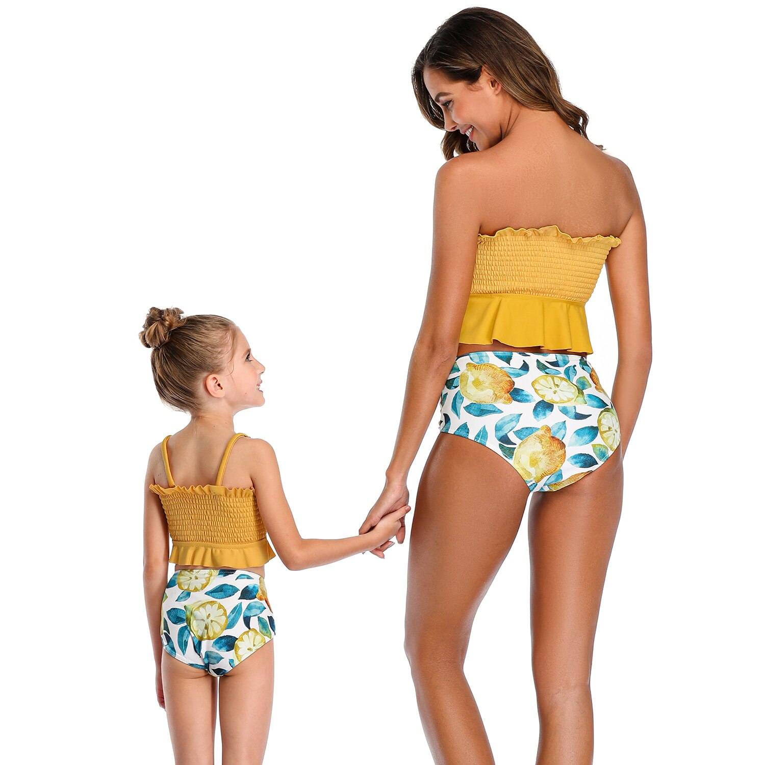 Maillot De Bain Mere Fille Jaune Et Motif Fleuri – Image 2