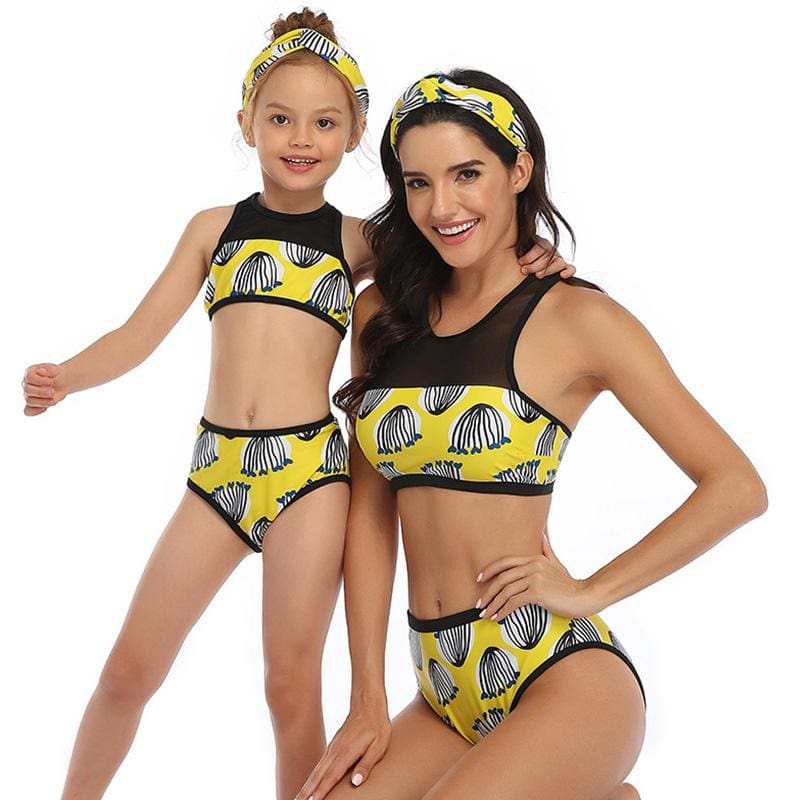 Maillot De Bain Mere Fille Jaune et Noir
