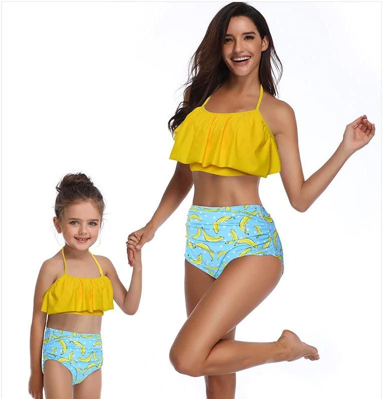 Maillot De Bain Mere Fille Jaune Turquoise Taille Haute