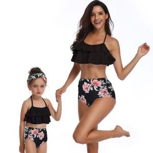 Maillot De Bain Mere Fille Noir Et à Fleurs