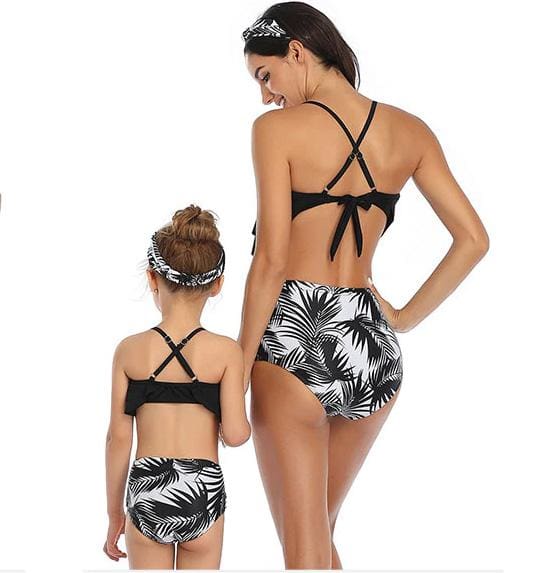 Maillot De Bain Mere Fille Noir et Motif Feuillage – Image 3