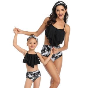 Maillot De Bain Mere Fille Noir et Motif Feuillage