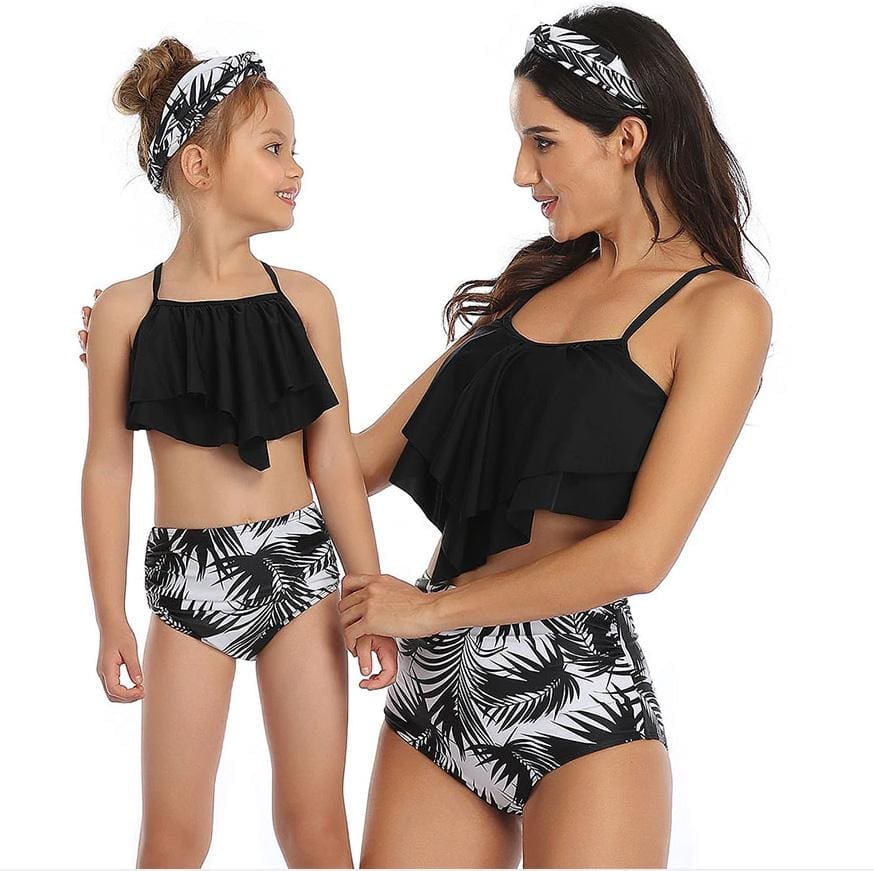Maillot De Bain Mere Fille Noir et Motif Feuillage – Image 2