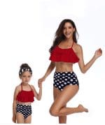 Maillot De Bain Mere Fille Rouge et Noir à Pois Blancs