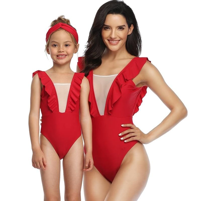Maillot De Bain Mere Fille Rouge Rubis
