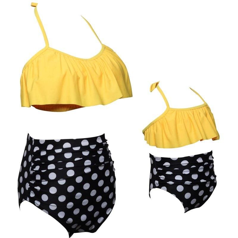 Maillot De Bain Mere Fille Taille Haute Jaune Et Noir à Pois Blancs Maillot de Bain Mere Fille Mon Mini Moi Maman S