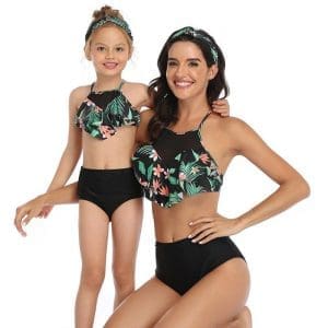 Maillot De Bain Mere Fille Taille Haute Noir Exotique
