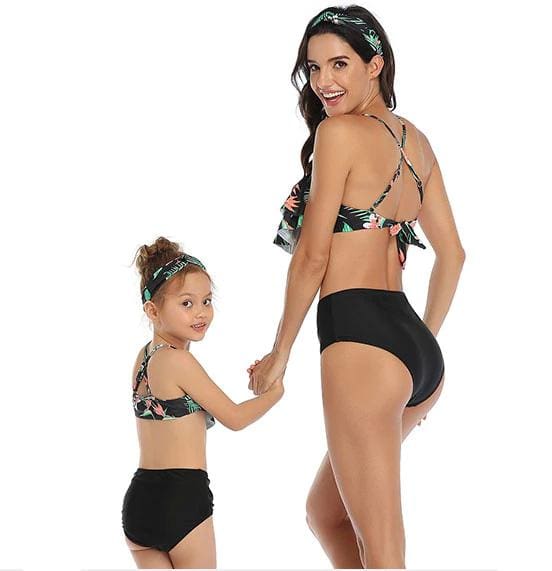 Maillot De Bain Mere Fille Taille Haute Noir Exotique – Image 3