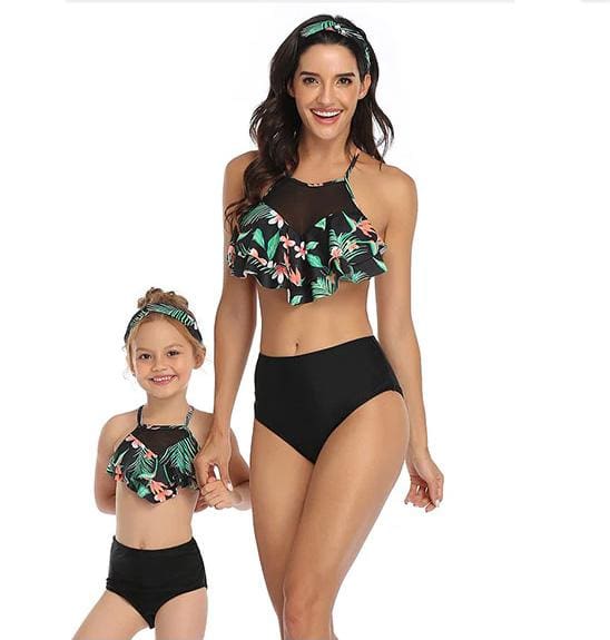 Maillot De Bain Mere Fille Taille Haute Noir Exotique – Image 2