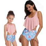 Maillot De Bain Mere Fille Taille Haute Rose Bleu Fleuri