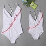 Maillot De Bain Mere Fille Une Piece Blanc à Volant