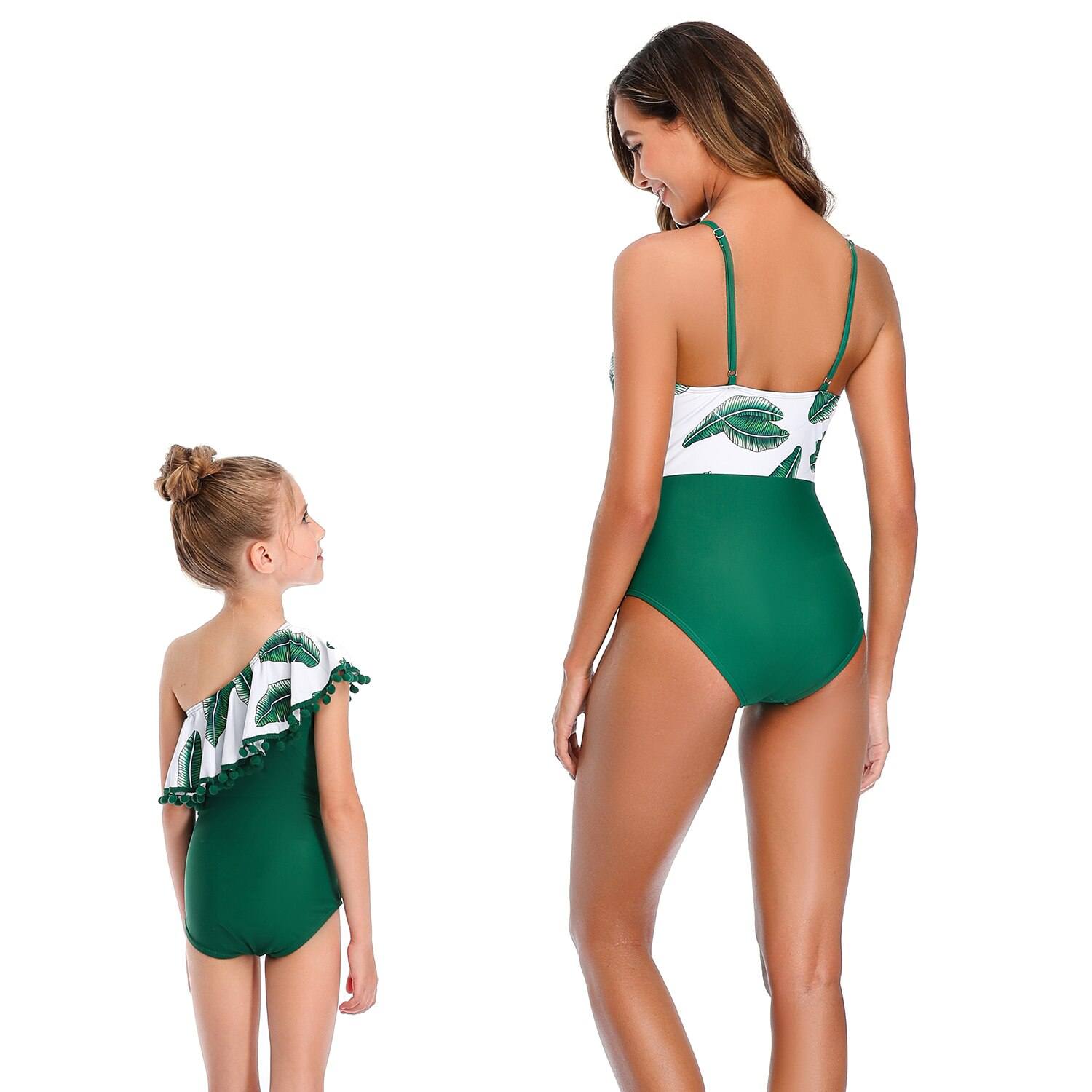 Maillot De Bain Mere Fille Une Piece Vert Et Blanc – Image 2