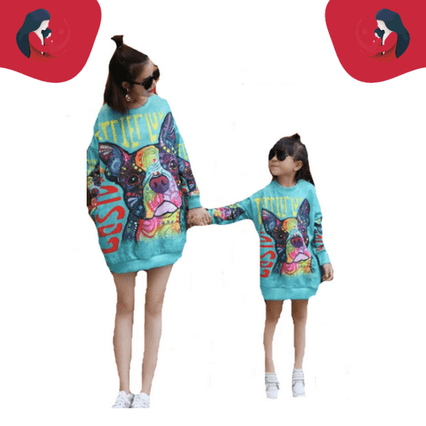 Pull mère fille avec un chien