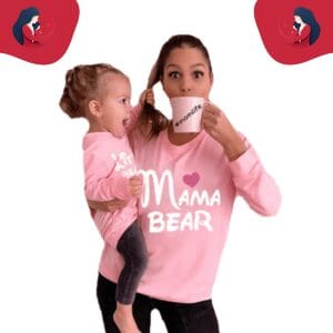 Pull mère fille ours rose