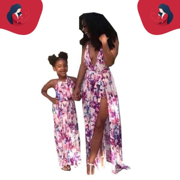Robe mère fille longue blanche et violette