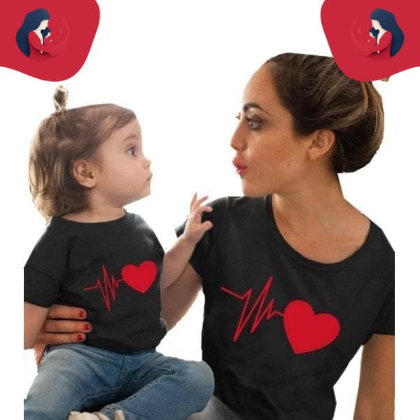 Tee shirt mère fille rythme cardiaque noir