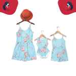 Tenue mère fille bleu fleurie