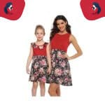 robe mère fille rouge avec des fleurs