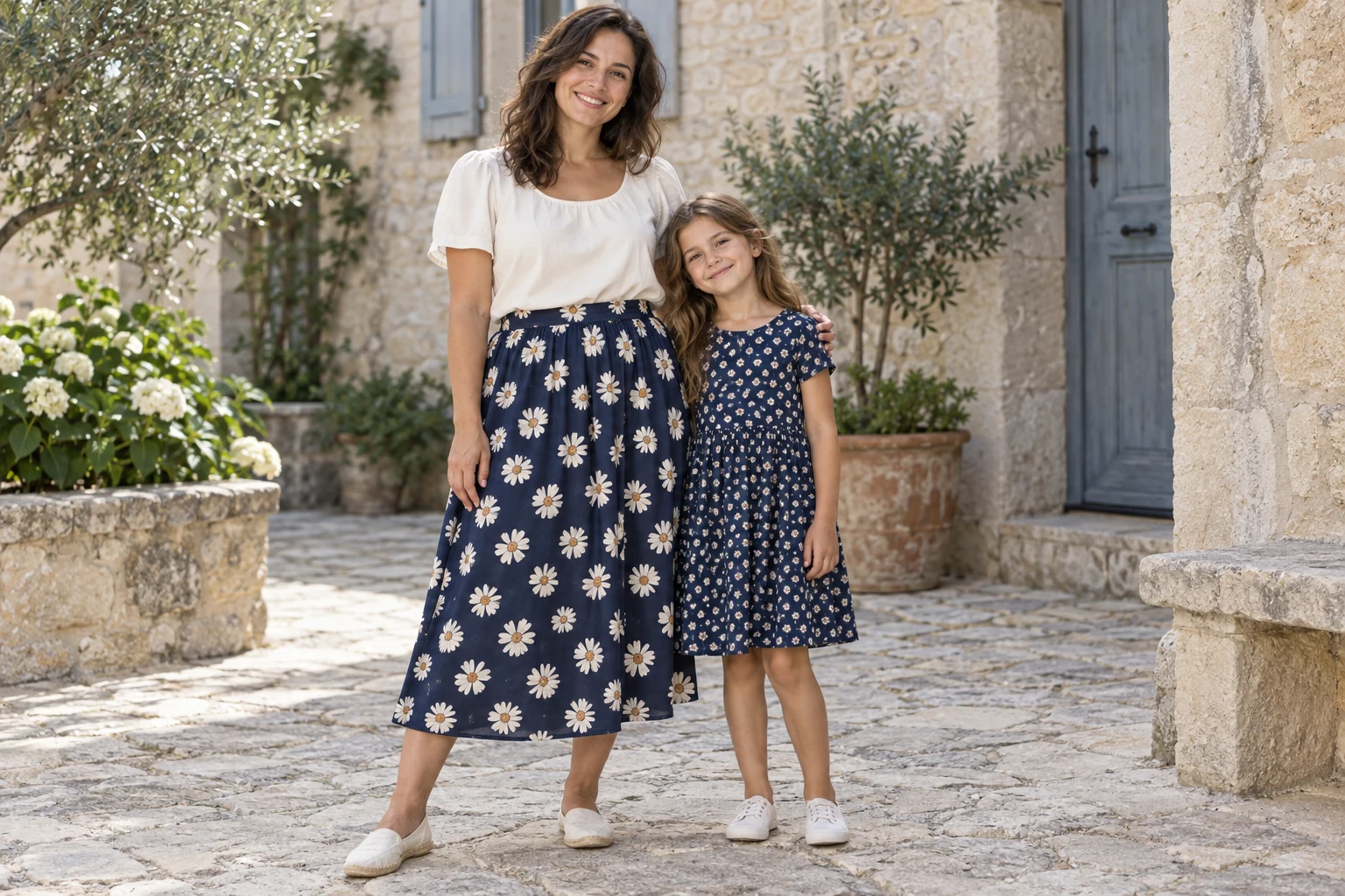 Mère en jupe marine à grandes marguerites et fille en robe marine à petites fleurs ivoire